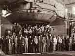 Lawrence and staff with the magnet for the 184-inch synchocyclotron